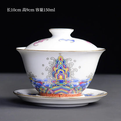 Chinese Kungfu Gaiwan Tea Tureen Intricately Designed Dragon and Phoenix Tea Cups with Elegant Ceramic Color Enamel Teaware