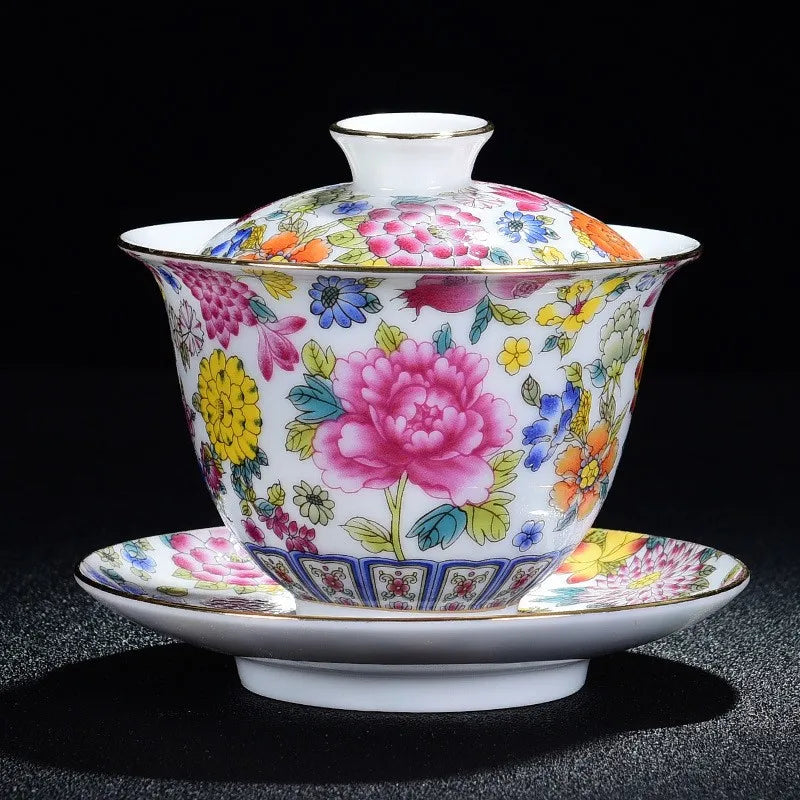 Chinese Kungfu Gaiwan Tea Tureen Intricately Designed Dragon and Phoenix Tea Cups with Elegant Ceramic Color Enamel Teaware