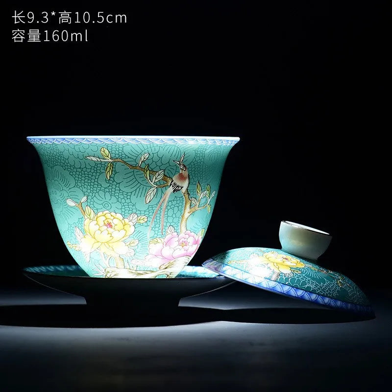 Chinese Kungfu Gaiwan Tea Tureen Intricately Designed Dragon and Phoenix Tea Cups with Elegant Ceramic Color Enamel Teaware