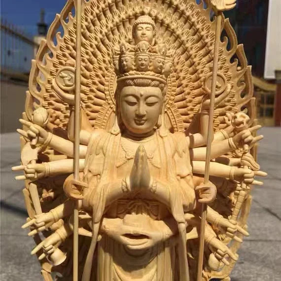 Chinese Large Solid Wood Guanyin Buddha Statue Thousand-Hand Sculpture Buddha Statue Home Decor