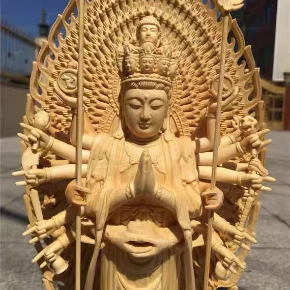 Chinese Large Solid Wood Thousand-Hand Guanyin High Carved Buddha Statue Sculpture Statue Home Decor
