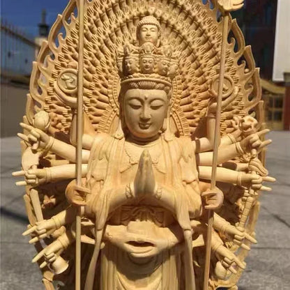 Chinese Large Solid Wood Thousand-Hand Guanyin High Carved Buddha Statue Sculpture Statue Home Decor