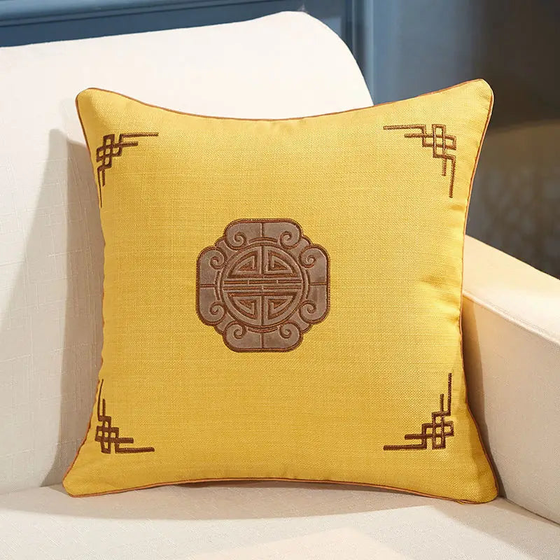 Chinese Linen Pillow, High-grade Embroidered, Solid Wood Sofa Cushion, Dining Chair Circle Back Cover, Removable and Washable