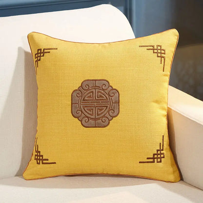Chinese Linen Pillow, High-grade Embroidered, Solid Wood Sofa Cushion, Dining Chair Circle Back Cover, Removable and Washable