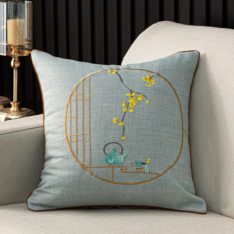 Chinese Linen Pillow, High-grade Embroidered, Solid Wood Sofa Cushion, Dining Chair Circle Back Cover, Removable and Washable
