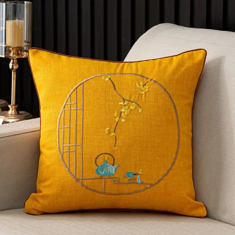Chinese Linen Pillow, High-grade Embroidered, Solid Wood Sofa Cushion, Dining Chair Circle Back Cover, Removable and Washable
