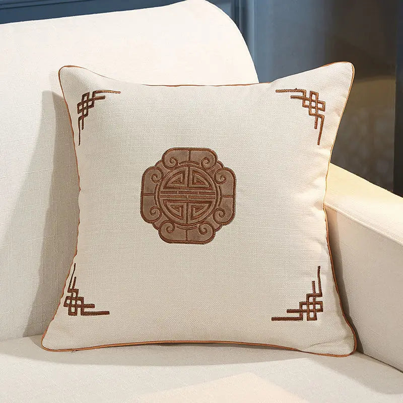 Chinese Linen Pillow, High-grade Embroidered, Solid Wood Sofa Cushion, Dining Chair Circle Back Cover, Removable and Washable