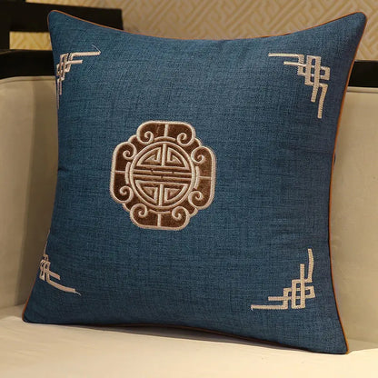 Chinese Linen Pillow, High-grade Embroidered, Solid Wood Sofa Cushion, Dining Chair Circle Back Cover, Removable and Washable
