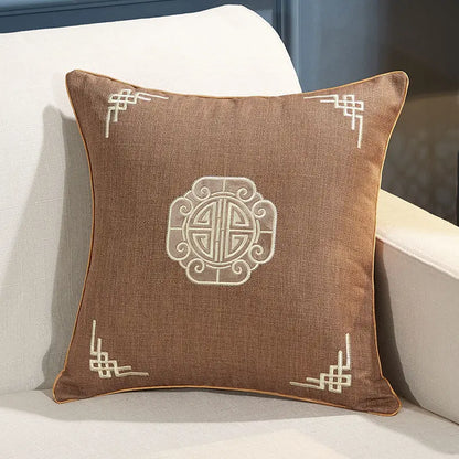 Chinese Linen Pillow, High-grade Embroidered, Solid Wood Sofa Cushion, Dining Chair Circle Back Cover, Removable and Washable