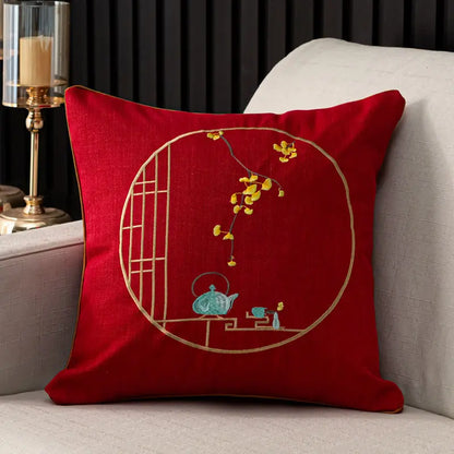 Chinese Linen Pillow, High-grade Embroidered, Solid Wood Sofa Cushion, Dining Chair Circle Back Cover, Removable and Washable