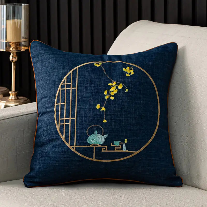 Chinese Linen Pillow, High-grade Embroidered, Solid Wood Sofa Cushion, Dining Chair Circle Back Cover, Removable and Washable