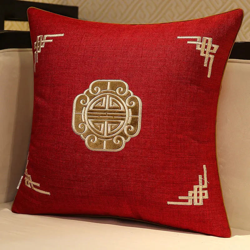 Chinese Linen Pillow, High-grade Embroidered, Solid Wood Sofa Cushion, Dining Chair Circle Back Cover, Removable and Washable