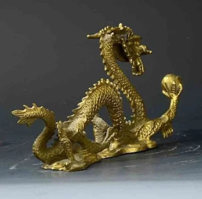 Chinese Lucky Feng Shui Dragon Brass Hand-carved Statue