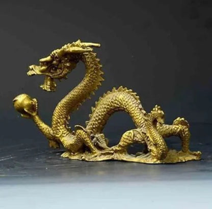 Chinese Lucky Feng Shui Dragon Brass Hand-carved Statue