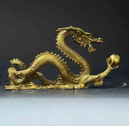 Chinese Lucky Feng Shui Dragon Brass Hand-carved Statue