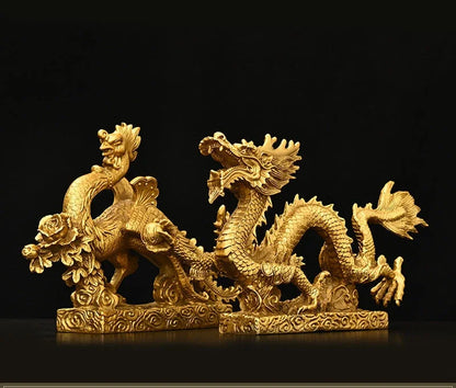 Chinese Lucky Mascot Pure Copper Dragon and Phoenix Ornaments Zodiac Home Living Decoration Gifts
