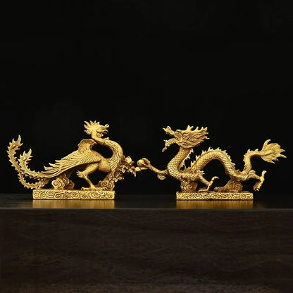 Chinese Lucky Mascot Pure Copper Dragon and Phoenix Ornaments Zodiac Home Living Decoration Gifts