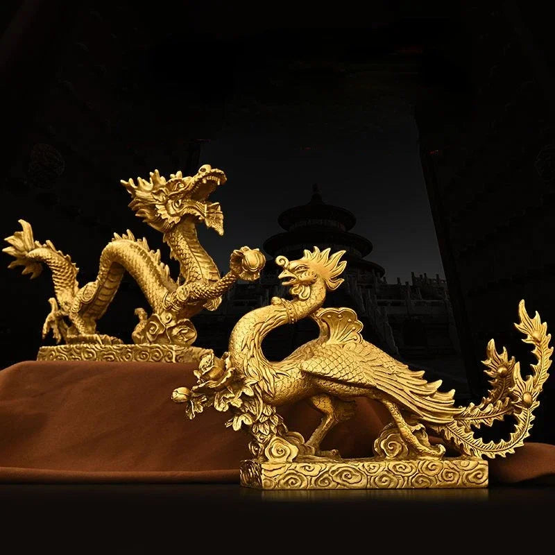 Chinese Lucky Mascot Pure Copper Dragon and Phoenix Ornaments Zodiac Home Living Decoration Gifts