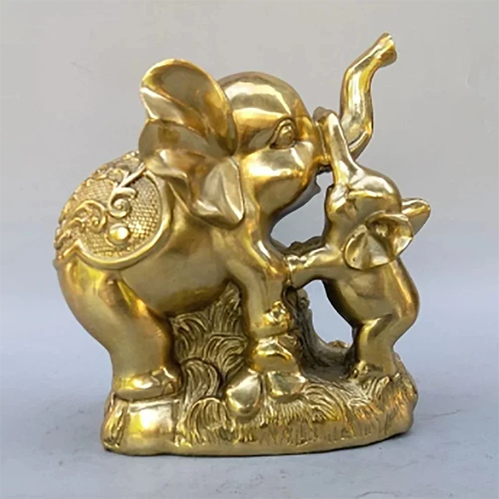 Chinese New pure brass female elephant and small elephant crafts Statue