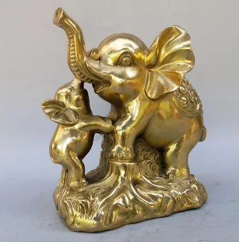 Chinese New pure brass female elephant and small elephant crafts Statue
