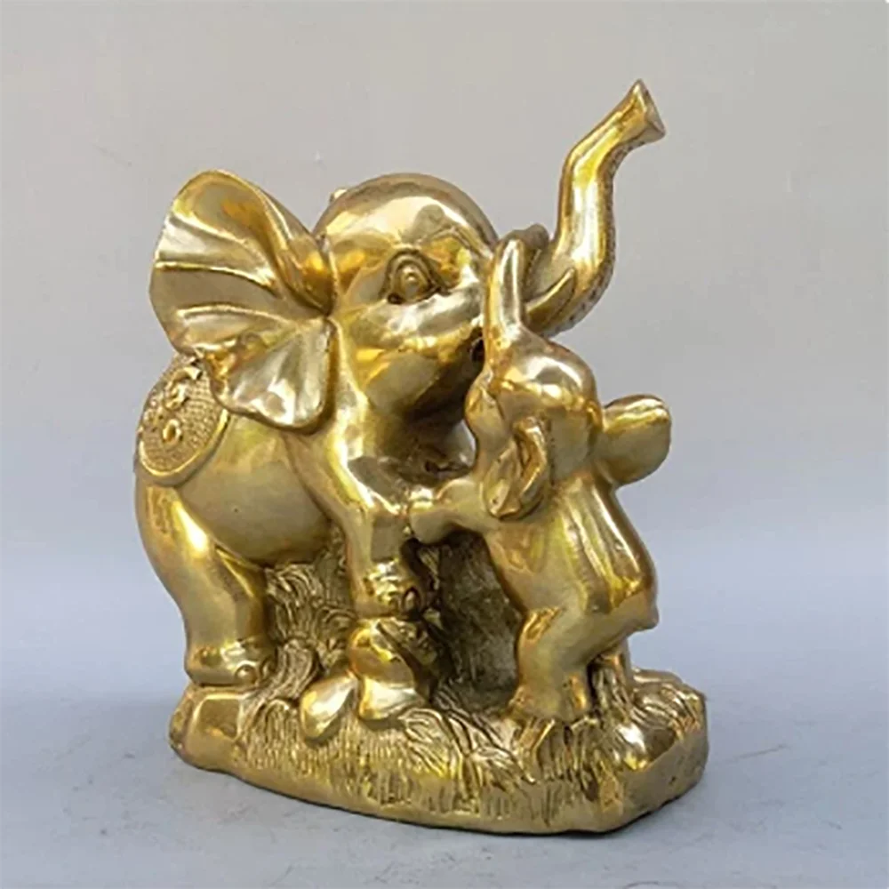 Chinese New pure brass female elephant and small elephant crafts Statue
