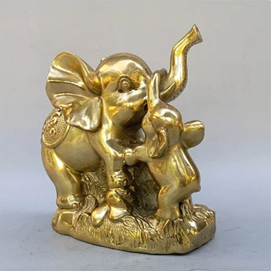 Chinese New pure brass female elephant and small elephant crafts Statue