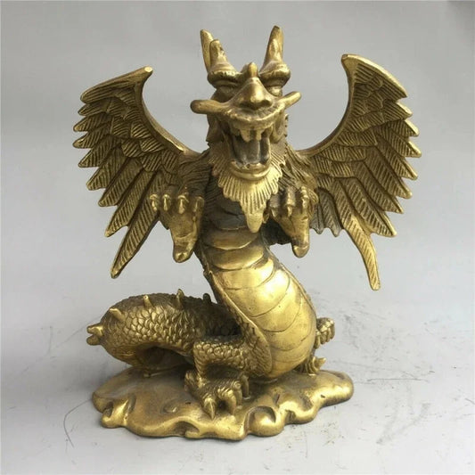 Chinese Old Antique Bronze Brass Auspicious Dragon Geomancy Decoration Statue