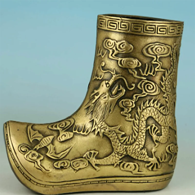 Chinese Old Brass Collectable Handwork Carved Emperor Dragon Shoes Statue