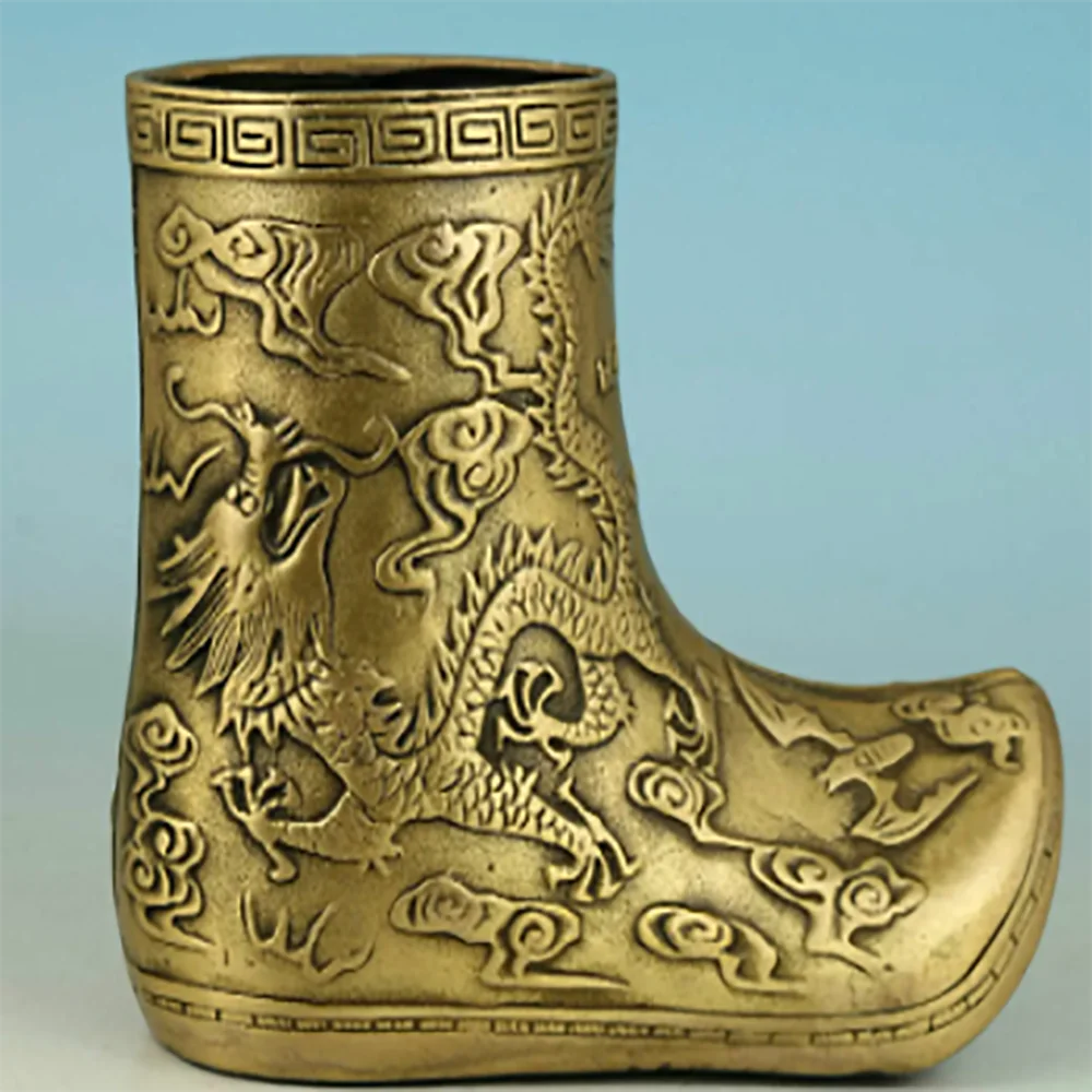 Chinese Old Brass Collectable Handwork Carved Emperor Dragon Shoes Statue