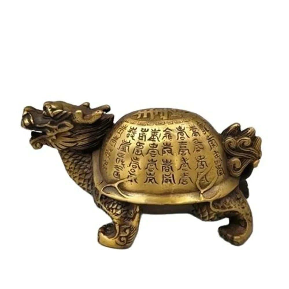 Chinese Old Brass Gold Plated Inscription Dragon turtle statues
