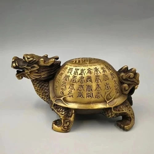 Chinese Old Brass Gold Plated Inscription Dragon turtle statues