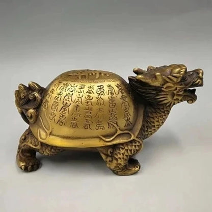 Chinese Old Brass Gold Plated Inscription Dragon turtle statues
