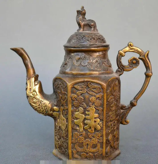 Chinese Old Bronze Carve Gilding Fulushou Beast Dragon Head Wine Pot Teapot