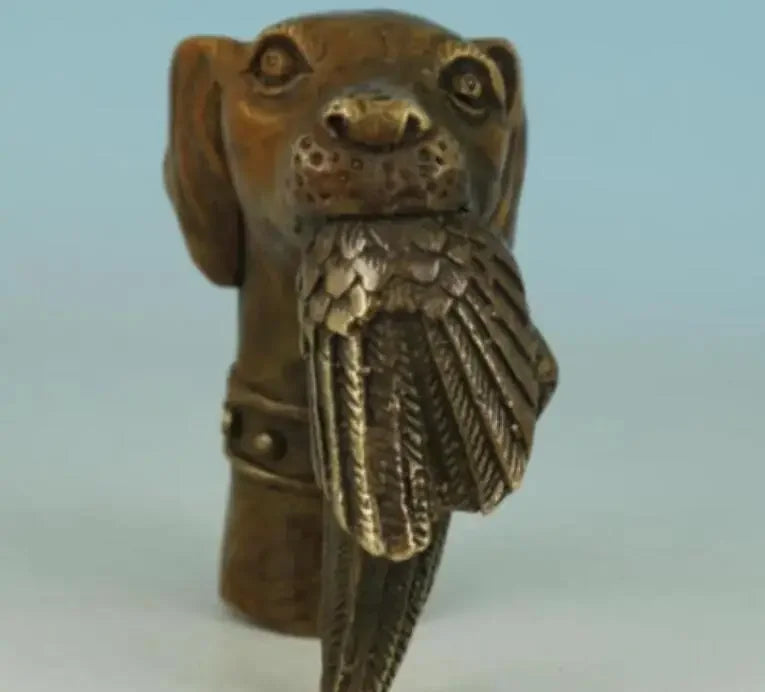 Chinese Old Bronze Hand Carved Dog Bitten Birds Statue Cane Walking Stick Head