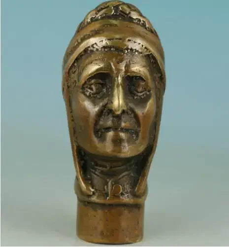 Chinese Old Bronze Hand Carved Indian Statue Walking Stick Head
