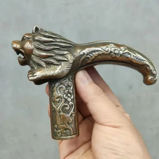Chinese Old Bronze Hand Carved Lion Statues Antique Cane Walking Stick Head