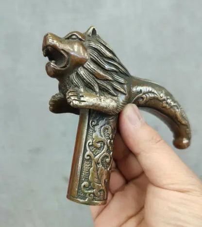Chinese Old Bronze Hand Carved Lion Statues Antique Cane Walking Stick Head