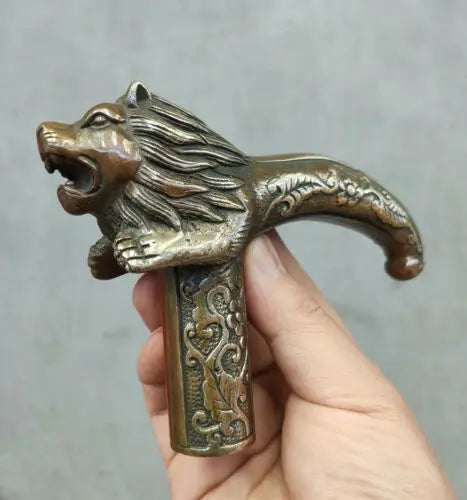 Chinese Old Bronze Hand Carved Lion Statues Antique Cane Walking Stick Head