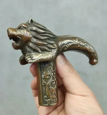 Chinese Old Bronze Hand Carved Lion Statues Antique Cane Walking Stick Head