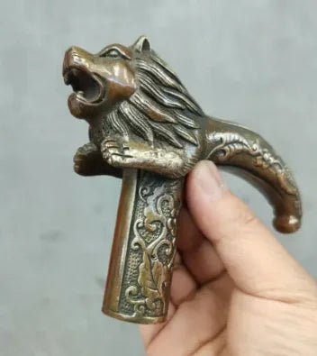 Chinese Old Bronze Hand Carved Lion Statues Antique Cane Walking Stick Head