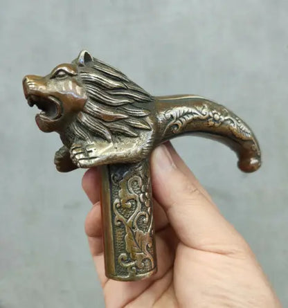 Chinese Old Bronze Hand Carved Lion Statues Antique Cane Walking Stick Head