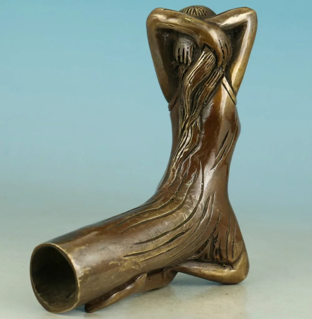 Chinese Old Bronze Handmade Carved belle Collect Walking Stick Head Statue