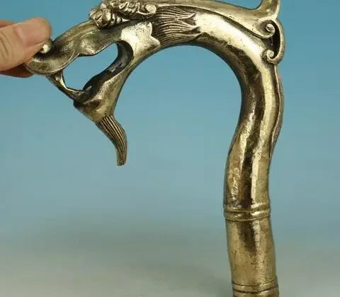 Chinese Old Bronze Handmade Carved belle Collect Walking Stick Head Statue