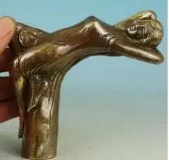 Chinese Old Bronze Handmade Carved belle Collect Walking Stick Head Statue