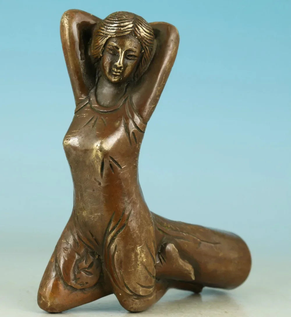 Chinese Old Bronze Handmade Carved belle Collect Walking Stick Head Statue