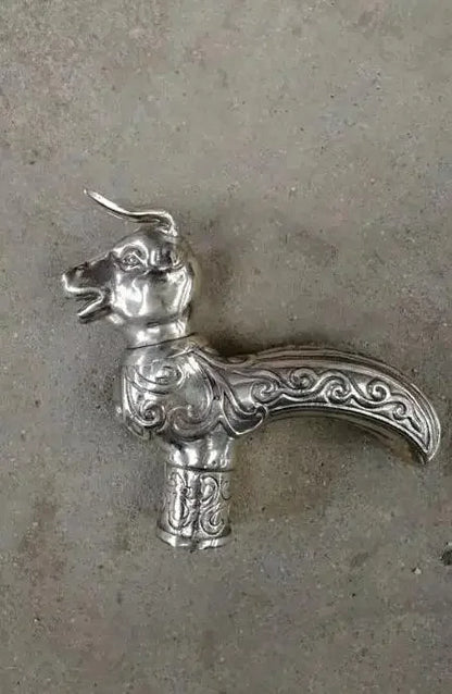 Chinese Old Bronze Handmade Carved belle Collect Walking Stick Head Statue