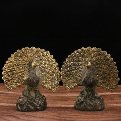 Chinese Old Copper Gilding Peacock Copper Animal Statue Decoration A Pair