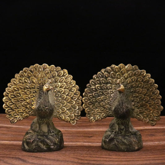 Chinese Old Copper Gilding Peacock Copper Animal Statue Decoration A Pair