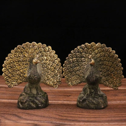 Chinese Old Copper Gilding Peacock Copper Animal Statue Decoration A Pair