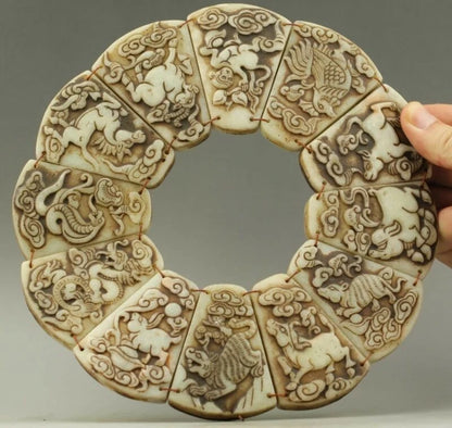 Chinese Old Jade Hand-Carved 12 Zodiac Design Pendant Statue 8 Inch